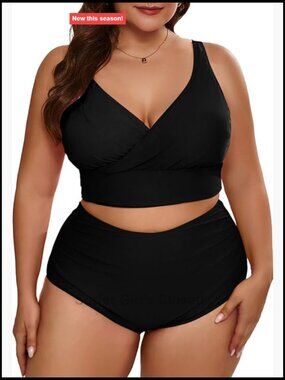 Plus Size High Waisted V Neck Bikini Set Color Block Two Piece Swimwear 1X-5X